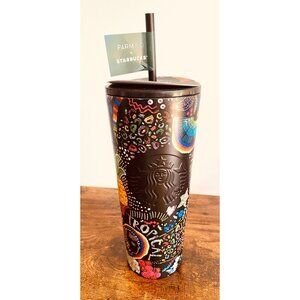 NWT Starbucks Farm Rio Black Graphic Borogodo Rainbow 24 Oz Stainless Tumbler